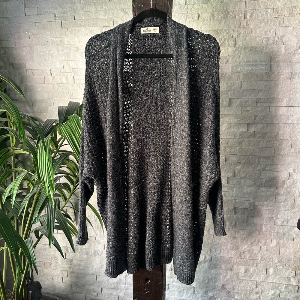 Hollister Charcoal Grey Knit Crochet Open Front Slouchy Sweater Size M/L